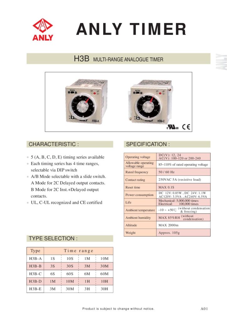 Anly H3B-(A-B-C-D-E) multi-range analoge timer